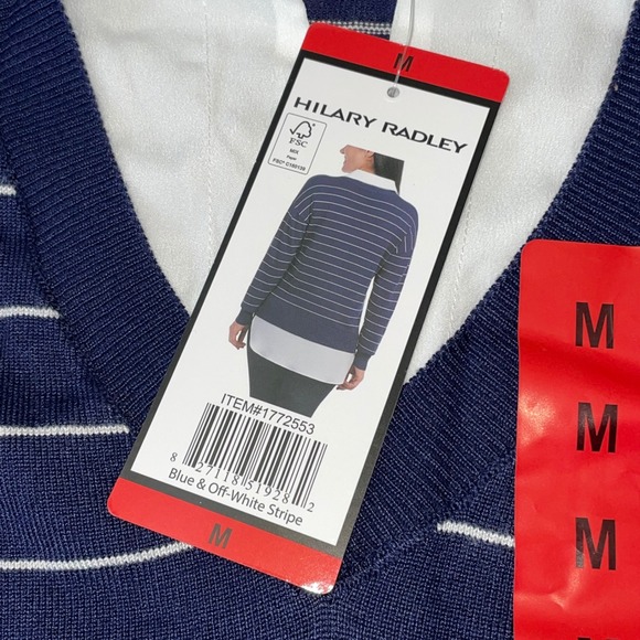 Hilary Radley Womens‎ Medium M Striped V Neck Pullover Sweater Shirt Collar - Picture 4 of 13